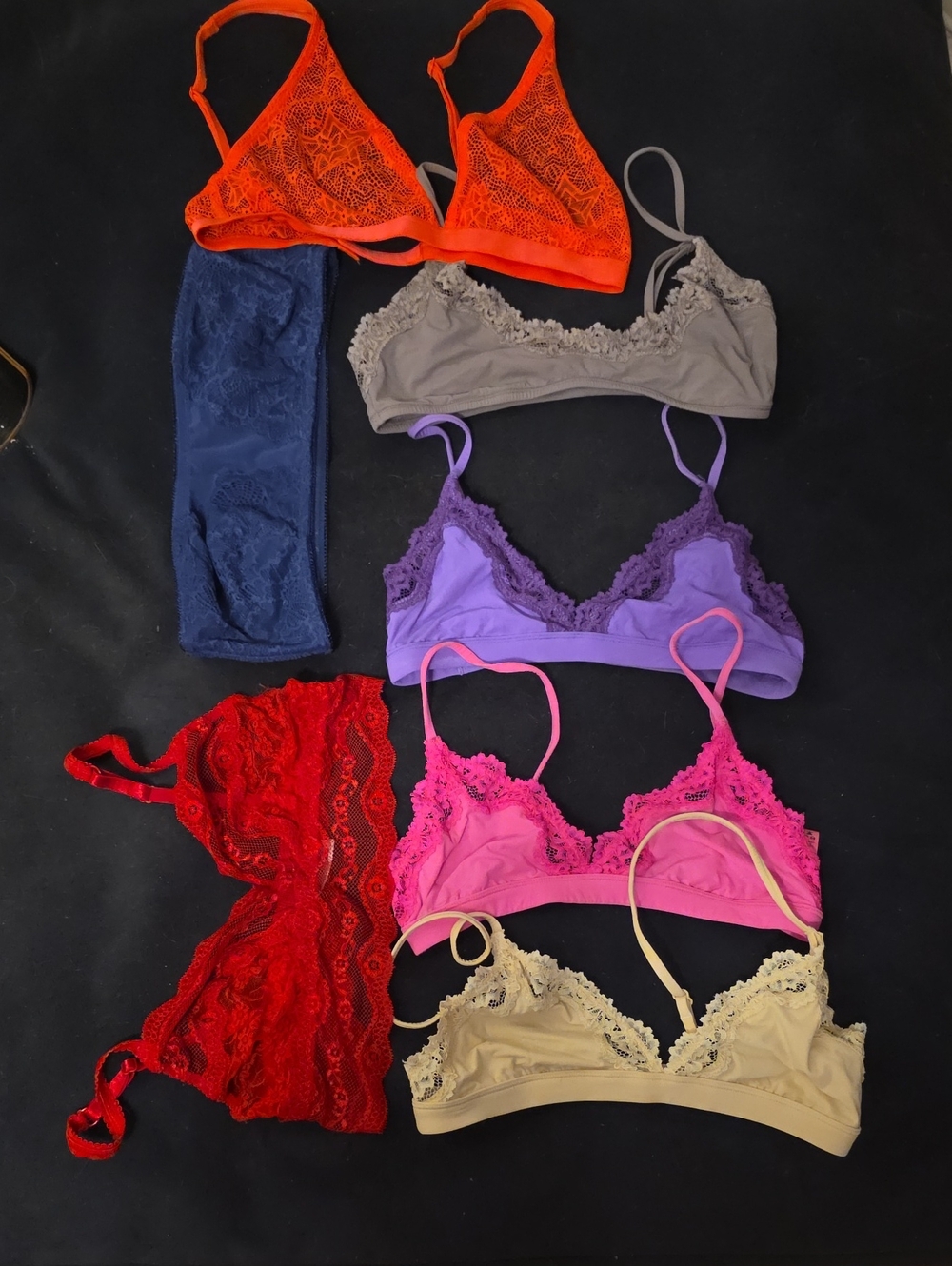Seven Lace Bralettes Orange Navy Gray Purple, Red Pink And Yellow Sz Small